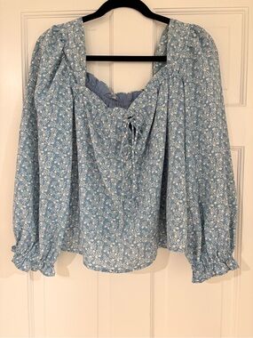 Women's Blue Floral Peasant Blouse